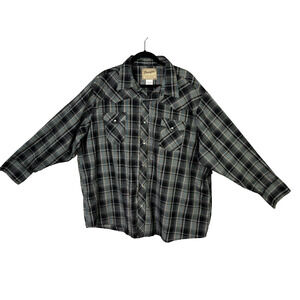 Wrangler Mens Size 3XL Black Plaid Pearl Snap Long Sleeve Shirt Western Rodeo